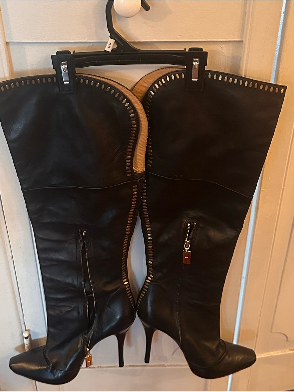 L.A.M.B. Black Leather Over-the-Knee Stiletto Boots with Stud Trim